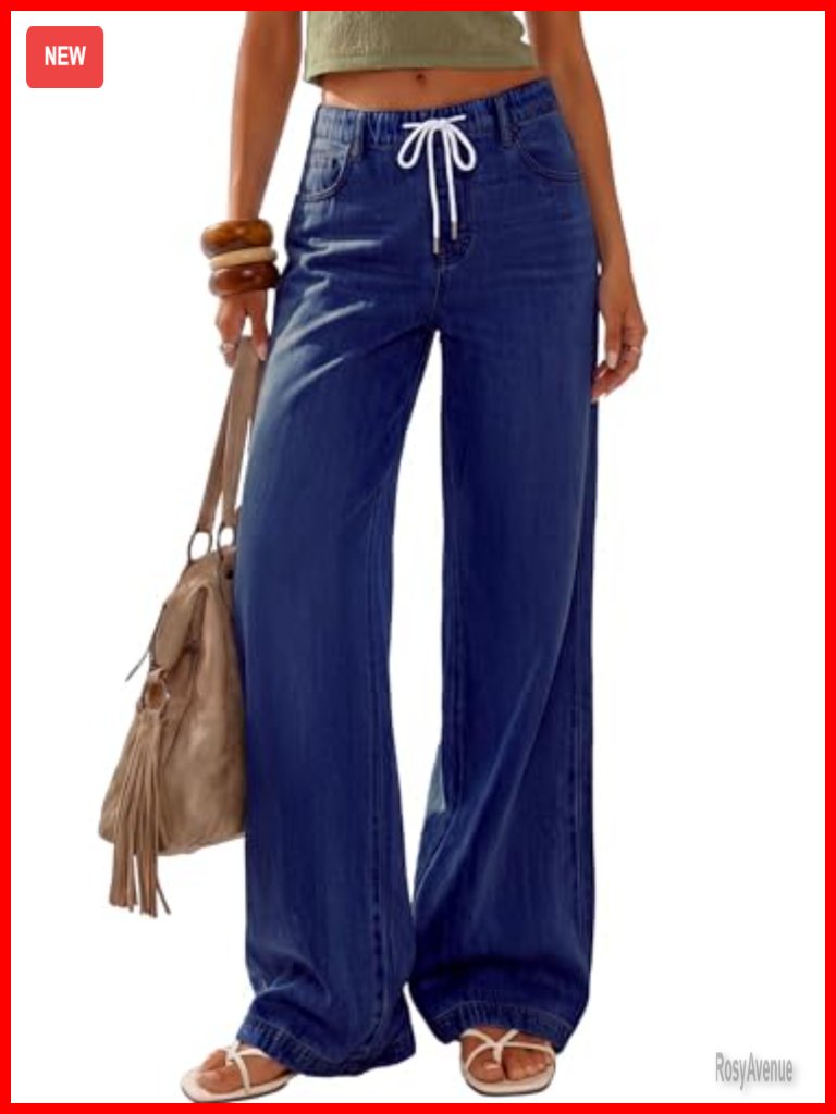 High Waisted Wide Leg Stretchy Baggy Straight Leg Drawstring Denim Pants
